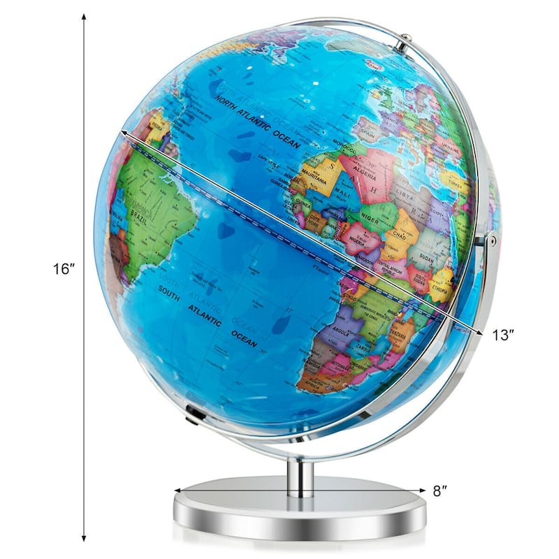 13 Inch LED Lighted World Globe 720 degree Rotation for Kids and Decor - 8" x 13" x 16"