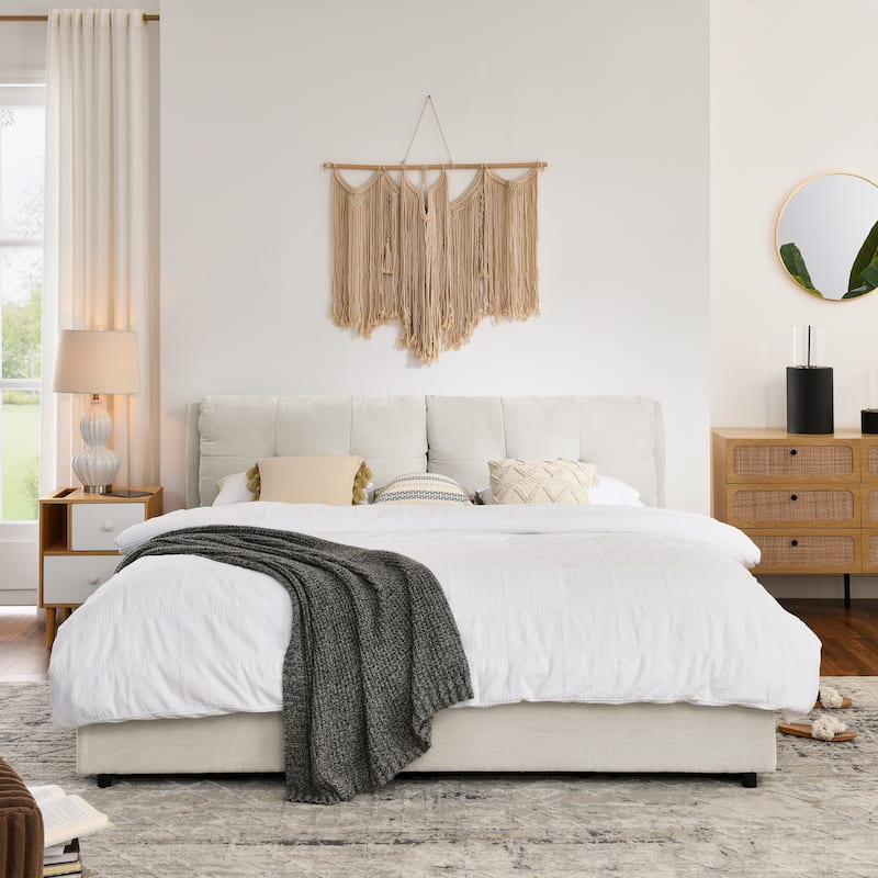 Beige King Size Hydraulic Storage Upholstered Bed with Headboard