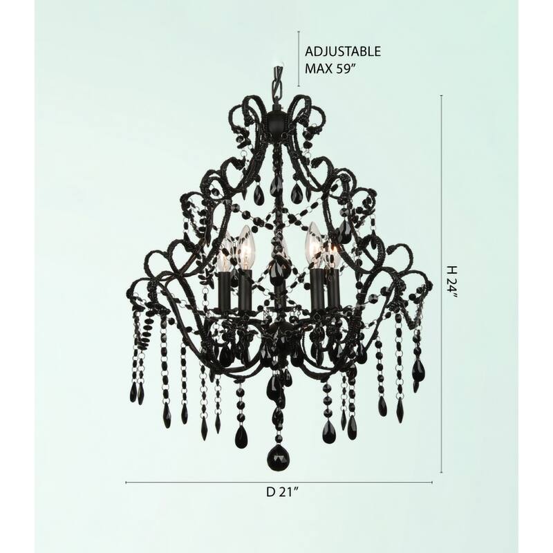 5-Light Black Chandelier With Black Crystals