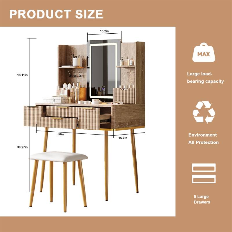 4-Drawer Vanity Desk with LED Mirror & Carved Details, Metal Legs and PU Stool