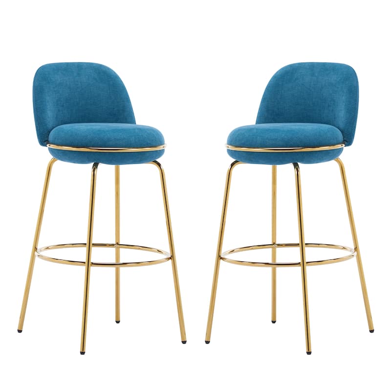 Rio Claro Indoor Metal Upholstered Barstool, Gold Finished Frame and Blue Upholstery, Set of 2