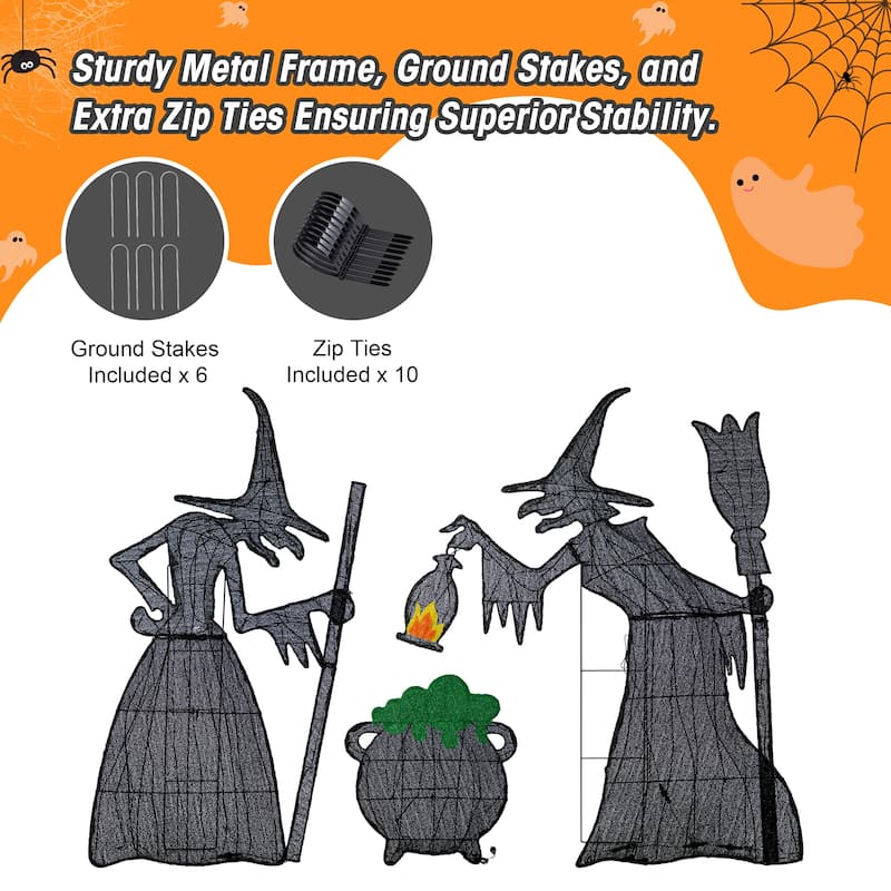 Glitzhome 5ft Set of 3 Pre-lit Halloween 3D Witches with Cauldron Outdoor Decor with 340 Warm White LED Lights