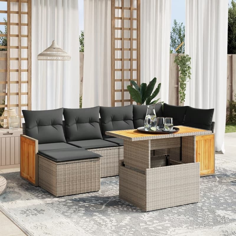 vidaXL Patio Sofa Set with Cushions Table and Sofa Modules 7 Piece Poly Rattan - 21.7 x 39.4 x 28.7 in - Grey