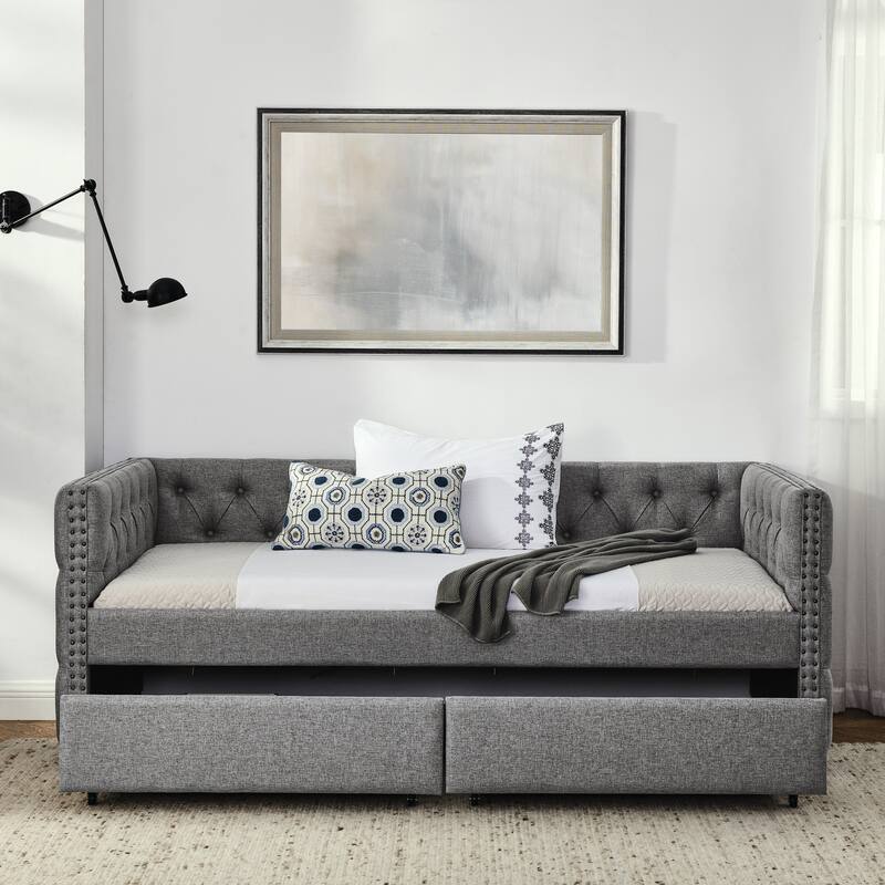 Tufted Daybed Upholstered Frame Sofa Bed with Button Copper Nail on Square Arms, and Pull-out Trundle Bed or Storage Drawers