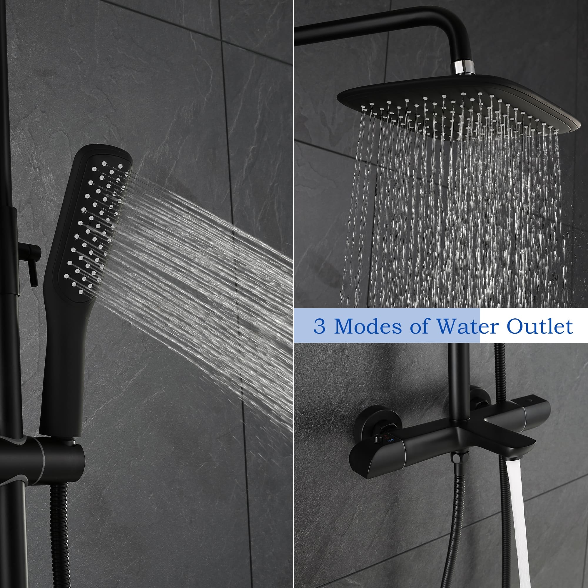 Wall Exposed Install 3Way Thermostatic Rain Shower Head System Black