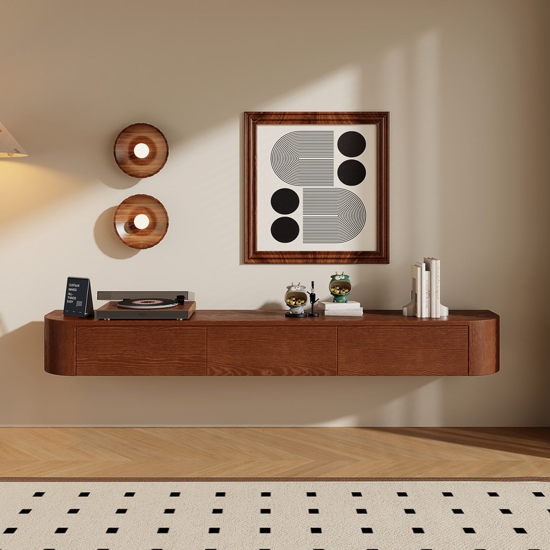 Modern 71" Floading TV Stands, Dark Wood Wall Mount Media Console, with 3 Drawers
