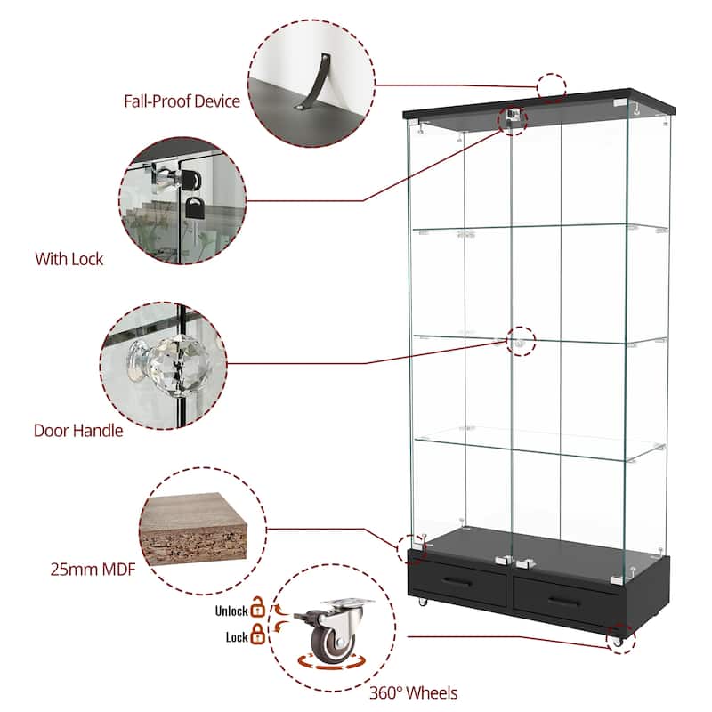 65.9" Modern Glass Display Cabinet with LED Lights, 2 Lockable Drawers & 4 Shelves, Curio Storage Case