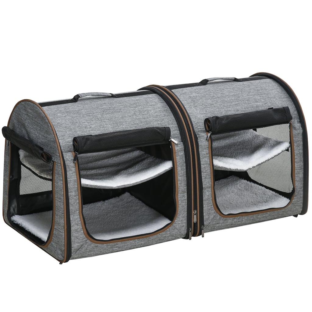 Anmytek Portable Soft Sided Cat Carrier Two Compartment Pet Travel Carrier with Divider and Soft Cushions Grey