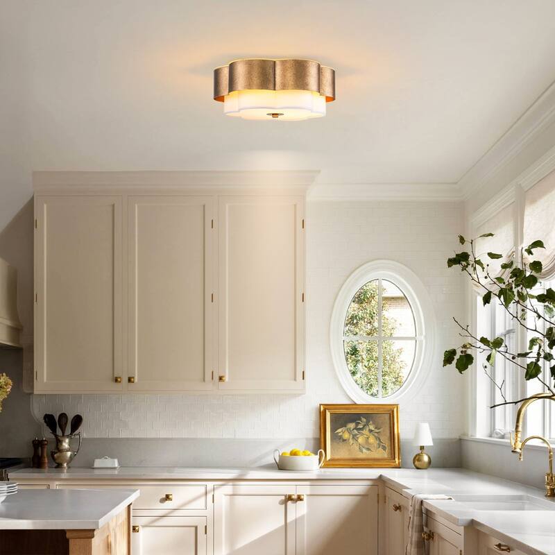 13.8" W Mid-Century Modern Tiered Flower/Circluar Drum Ceiling Light in Distressed Stain Gold with White Fabric Shade