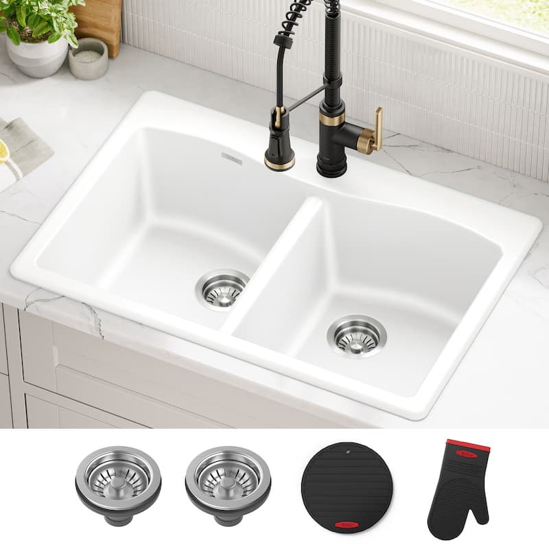KRAUS Forteza Granite 33 inch 50/50 Undermount Drop-in Kitchen Sink - White