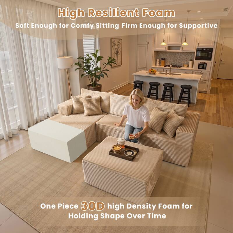 HOOOWOOO Modern Plush Corduroy L-shaped Sofa Chaise Lounge with Ottoman