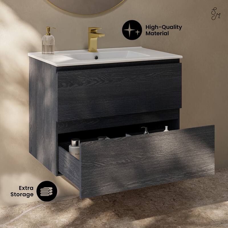 Liberte 30" Wall-Mounted Bathroom Vanity In Black Oak With Sink Top - 30