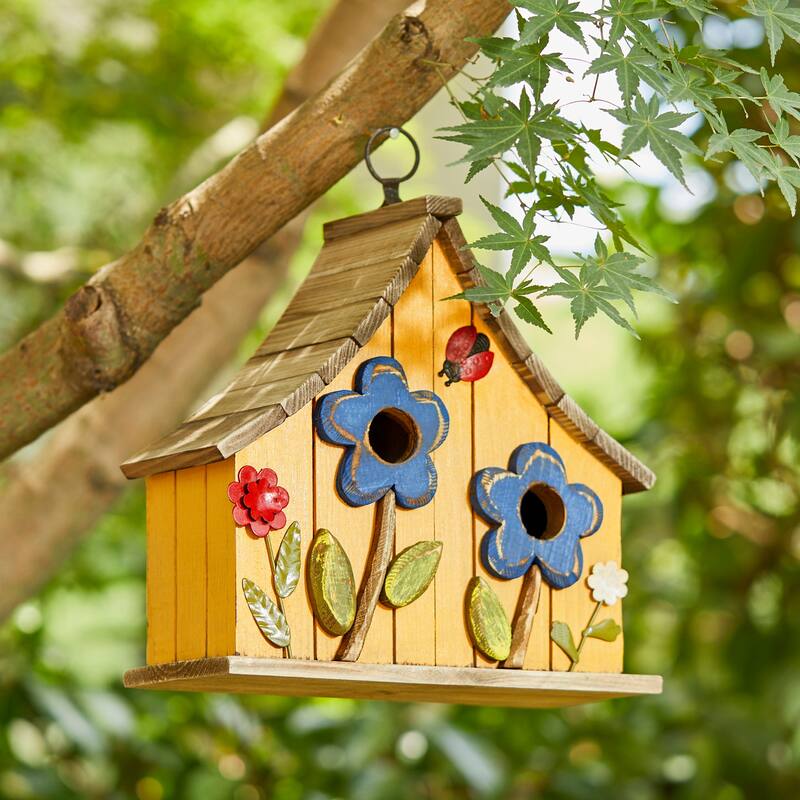 Glitzhome 10.5"H Distressed Solid Wood Birdhouse with 3D Flowers - 10.5"