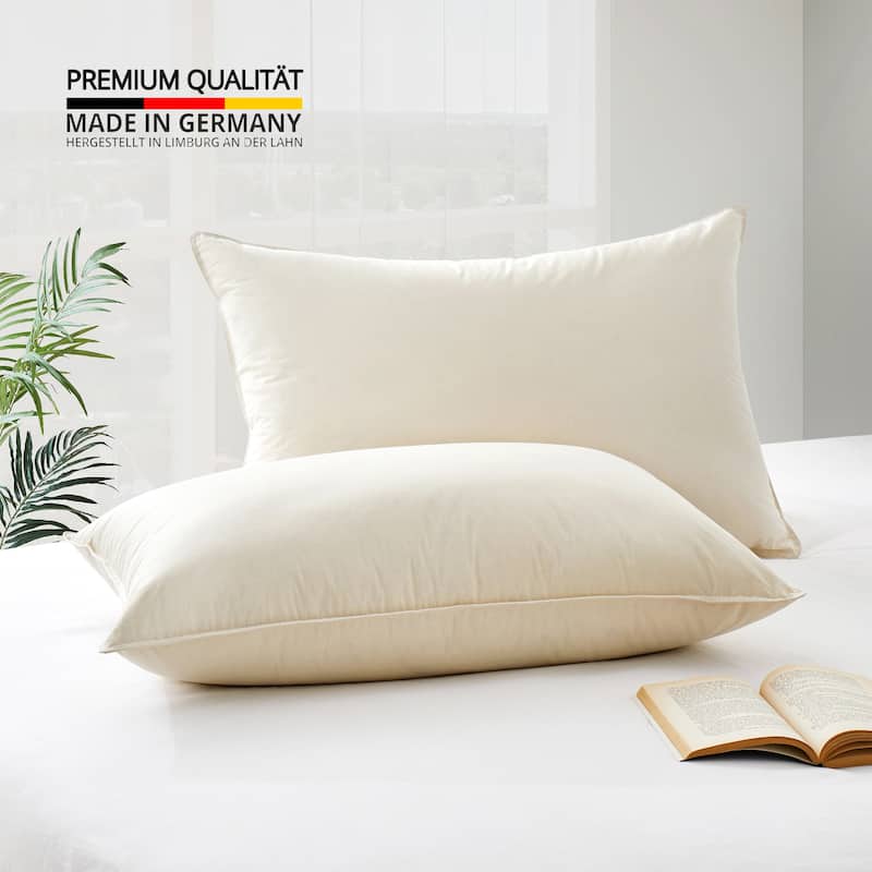 Set of 2 Organic Cotton 90% Down Feather Bed Pillows Made in Germany - Standard - Medium