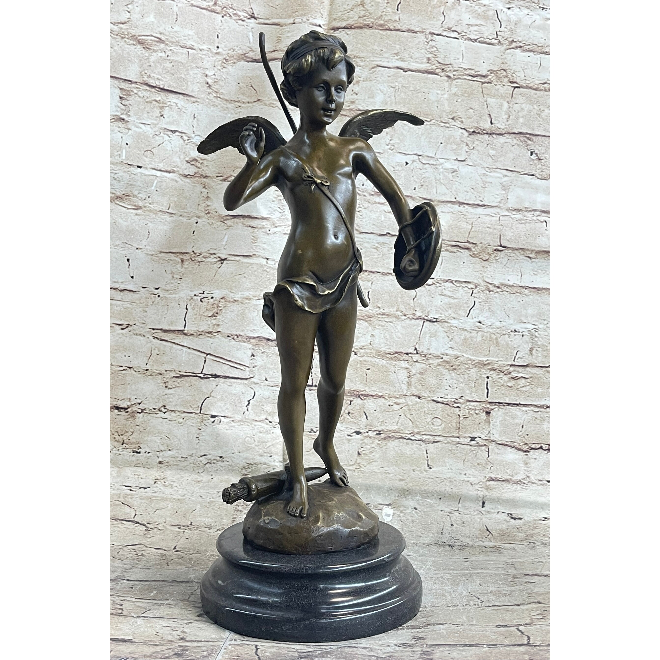 Signed Bronze Statue Cupid Cherub Sculpture On Marble Base Art Deco Sale, image size:2688x2688