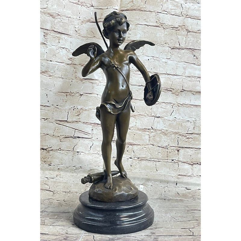 Signed Bronze Statue Cupid Cherub Sculpture On Marble Base Art Deco Sale