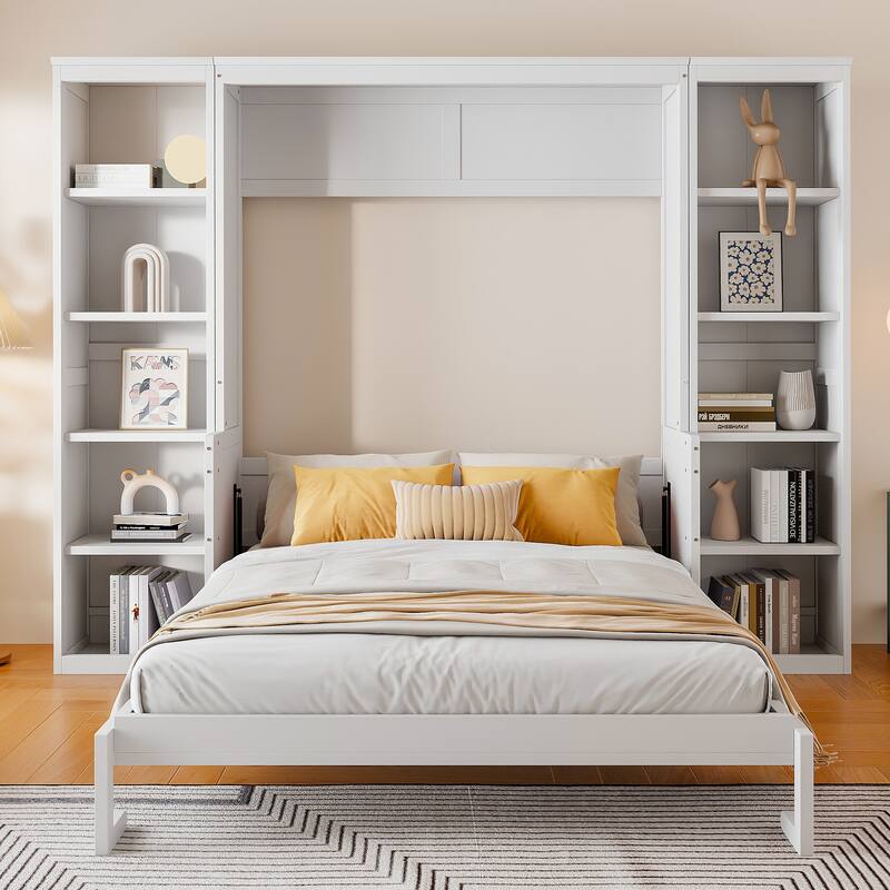 Full Size Murphy Bed with Desk, Bookshelf, and Storage, Space-Saving Design, White Finish