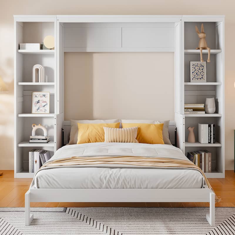 Large Murphy Bed, Wood Folding Wall Bed with Desk and Bookshelf - White - Queen