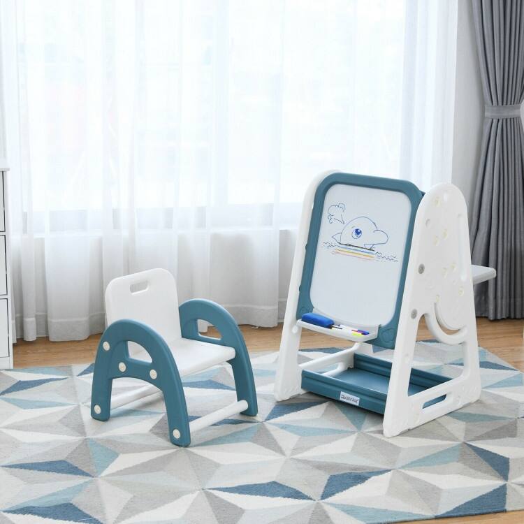 2 in 1 Kids Easel Desk Chair Set Book Rack Adjustable Art Painting Board - 25'' x 21'' x 30'' – 39'' (L x W x H) - Kids