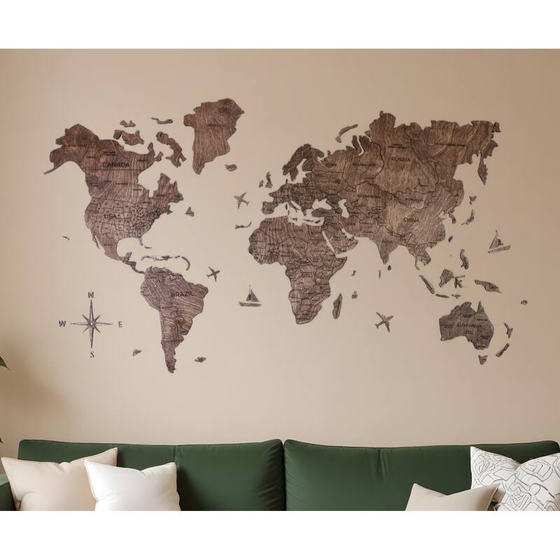 HomeRoots 47" X 79" Dark Brown Wood World Map Hanging Dimensional Sculpture - Dark Brown - 79.00 in. x 47.00 in.  x 0.24 in.