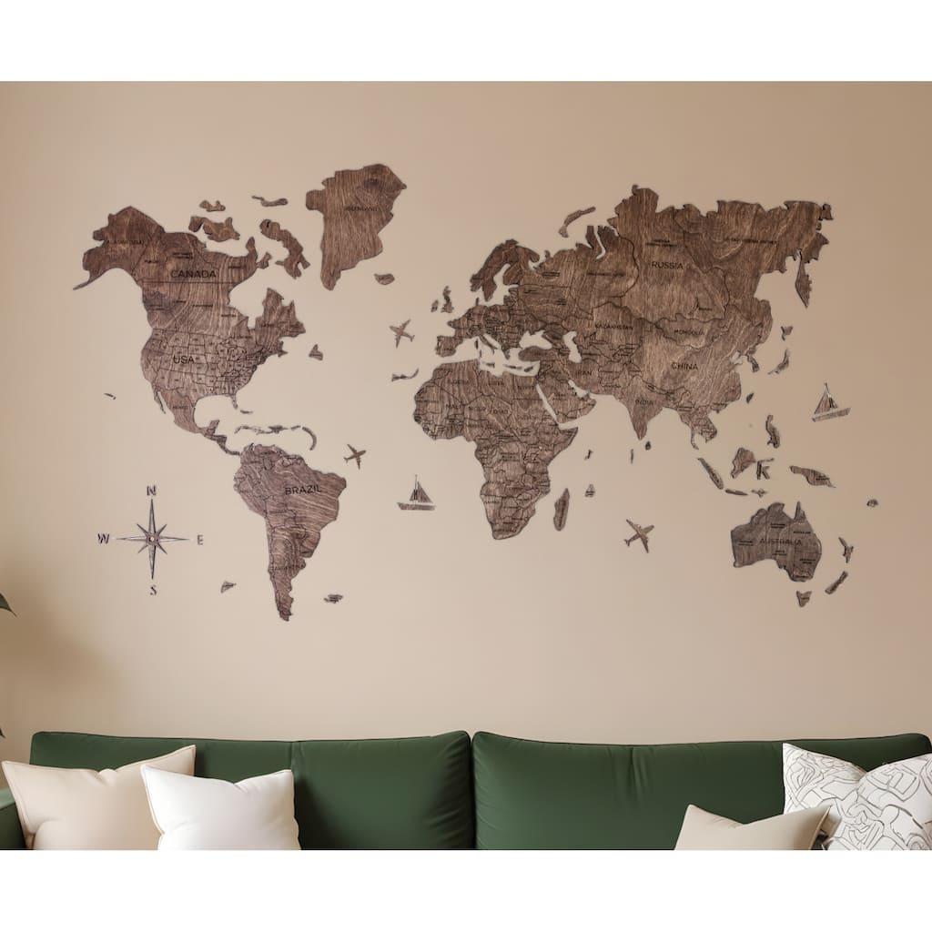 HomeRoots 47" X 79" Dark Brown Wood World Map Hanging Dimensional Sculpture