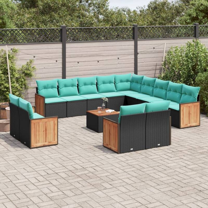 vidaXL 13 Piece Patio Sofa Set with Cushions Black Poly Rattan - 24.4x27.2x24.4-With table