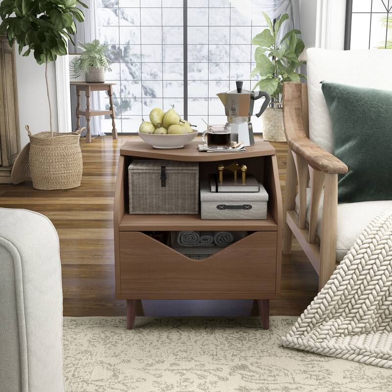 DH BASIC Mid-century Modern 20-inch 1-Shelf and 1-Drawer End Table by Denhour - Honey Walnut