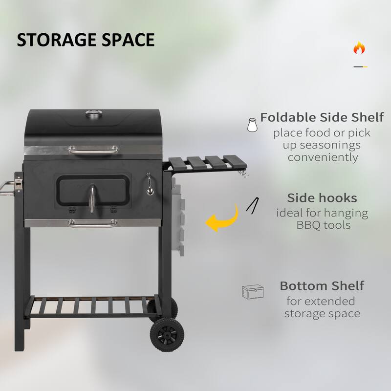 Charcoal BBQ Grill, Outdoor Portable Cooker for Camping or Backyard Picnic with Side Table, Bottom Storage Shelf