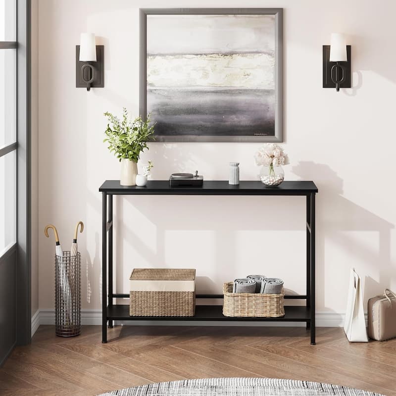 Narrow and Thin Sofa Table with Adjustable Shelves - Black