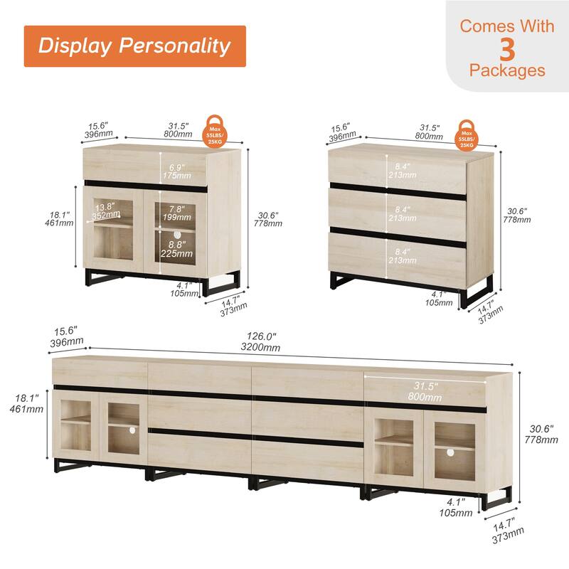 4 in 1 Modern Dresser with 8 Drawers & Glass Doors, Adjustable Shelf, Closet Organizers and Storage Cabinet for Bedroom