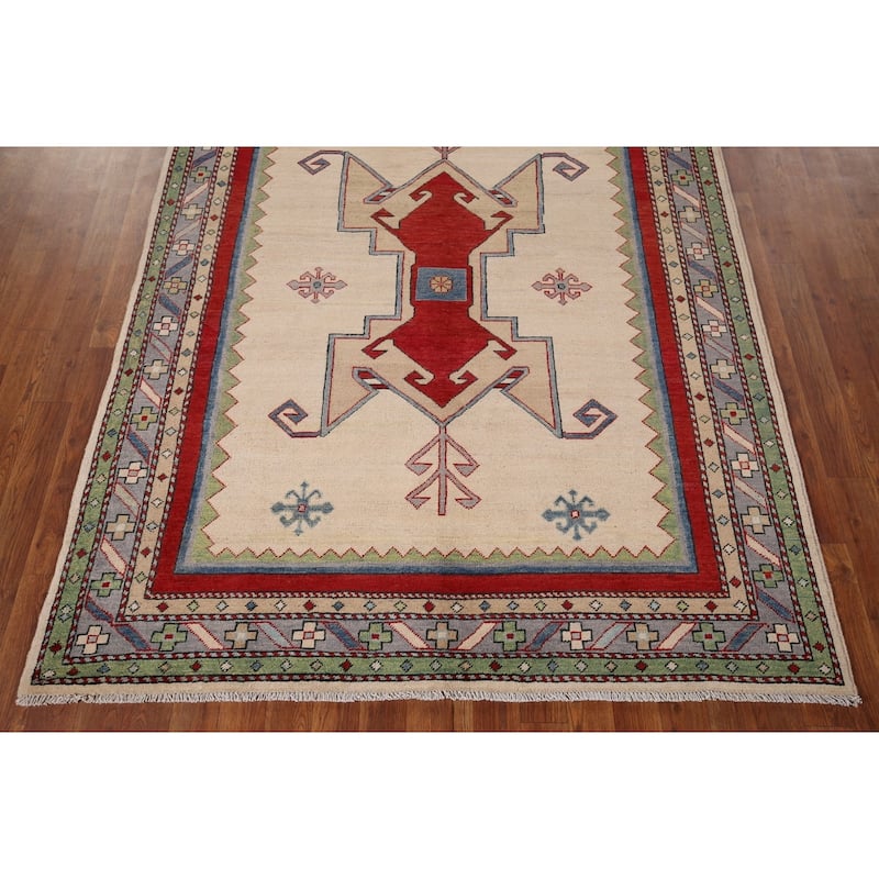 Geometric Beige Kazak Oriental Rug Hand-Knotted Bedroom Wool Carpet - 5'0" x 6'6"