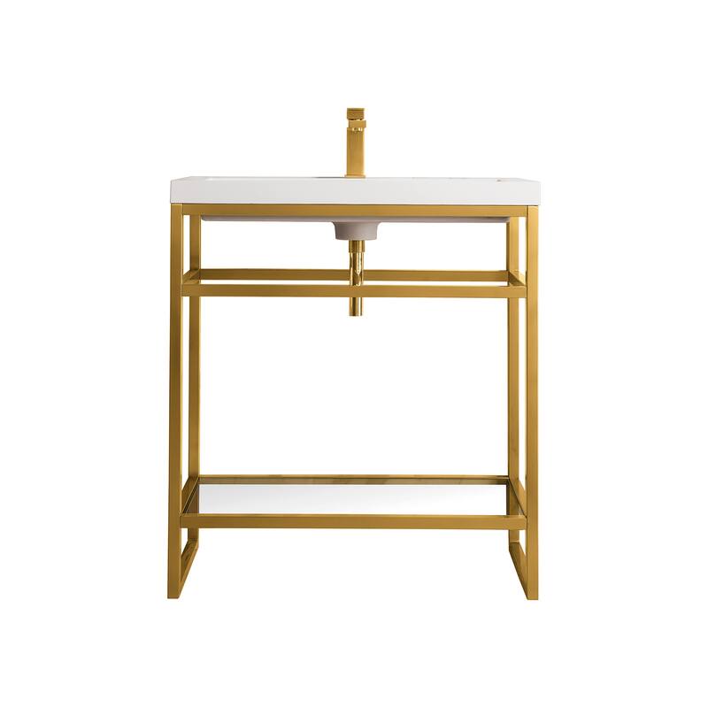 James Martin Vanities Boston 31.5" Stainless Steel Sink Console, Radiant Gold w/ White Glossy Composite Stone Top - No Storage Cabinet