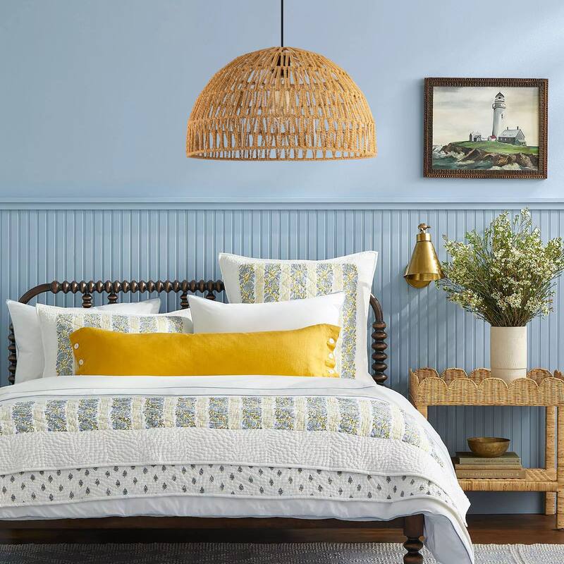 1-Light Modern Farmhouse Bohemian Round Hand-Woven Rattan Flush Mount Light Dome Pendant Light