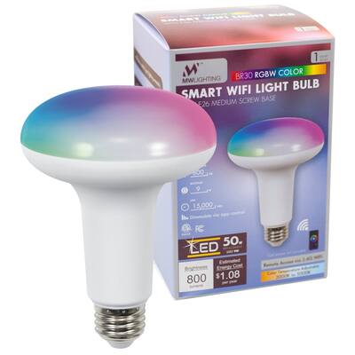 MW Lighting BR30 LED RGBW Smart WIFI Bulb, 800 Lumens, E26 Screw Base - white