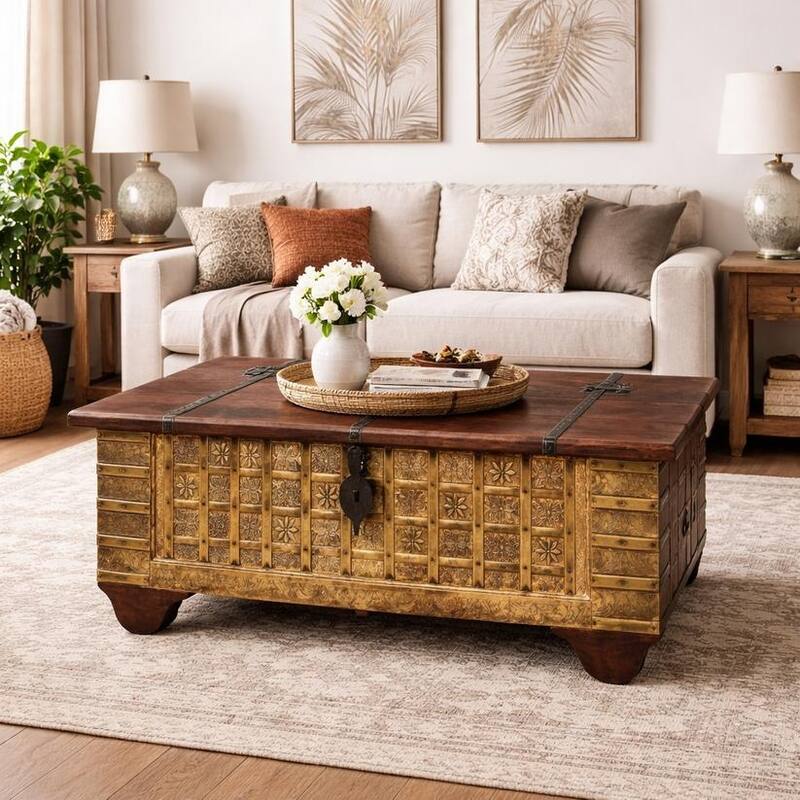 Wooden Metal Fitted Box Trunk coffee table - 52 x 19