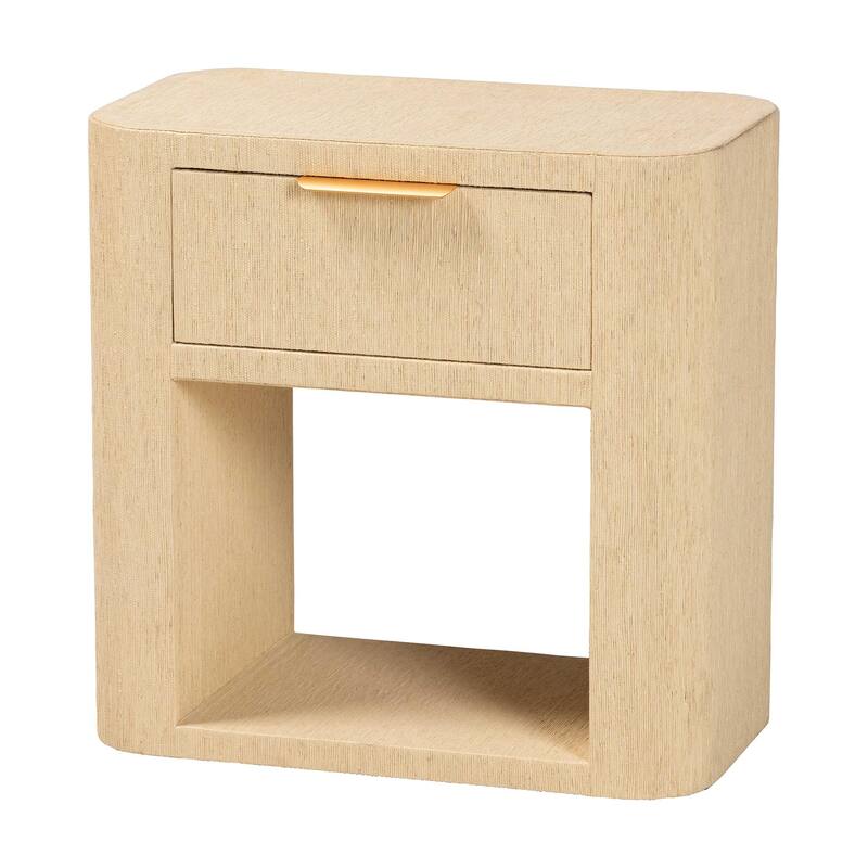 Beauford Grasscloth 1-Drawer Nightstand with Open Shelf - Woven Texture Bedside Table with Rounded Corners and Gold Handle - Light Brown/Gold