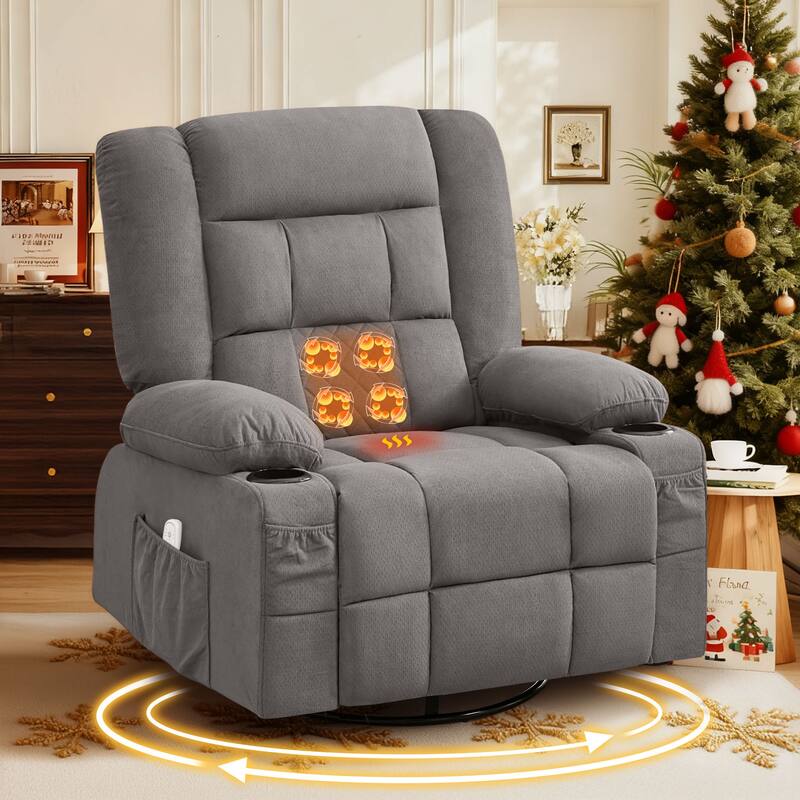 Oversized Massage Rocker Recliner Chair w/4-Point 3D Kneading Massage and Heat & 2 Cup Holders & USB Charge Port, for Bedroom - Grey