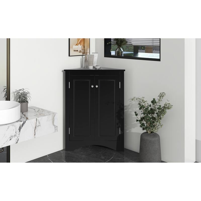 Roomfitters Triangle Corner Bathroom Cabinet, Modern MDF Floor Storage Organizer with Adjustable Shelves & Metal Knobs