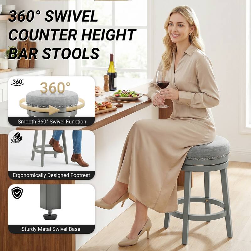 Swivel Counter Height Bar Stool with Upholstered Seat Solid Wood Frame