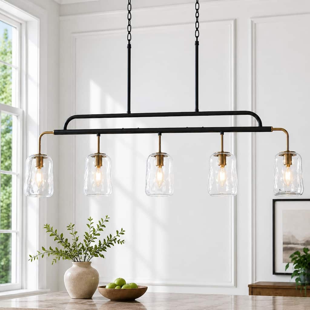 LALUZ Modern 5-Light Hand-blown Glass 41" W Chandelier Black Gold Kitchen Island Light - W 41.3" x D 4.3" x H 24"