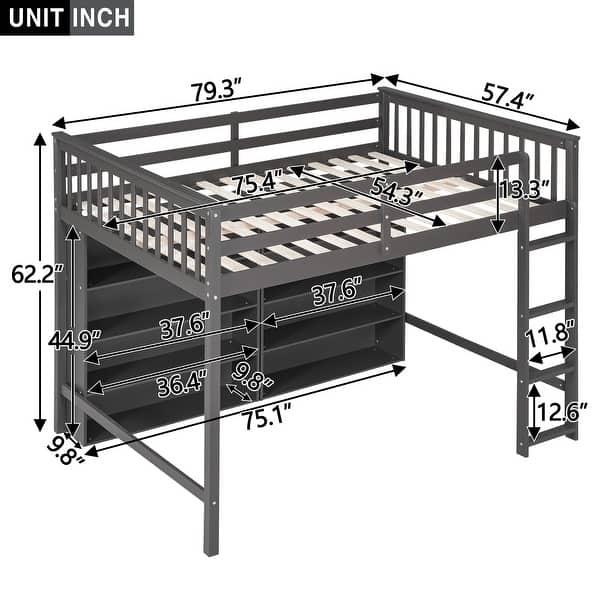dimension image slide 1 of 2, Full Loft Bed with Storage Shelves