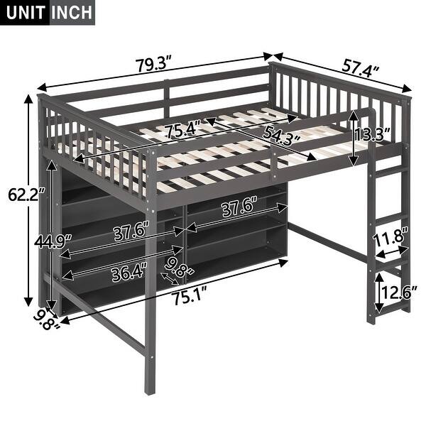 dimension image slide 1 of 2, Full Size Loft Bed with 8 Open Storage Shelves and Built-in Ladder, Gary
