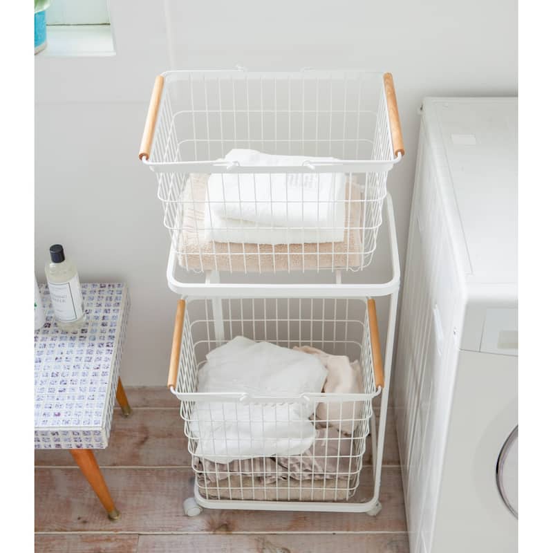 Yamazaki Home Rolling Laundry Cart, Steel & Wood, Short, Holds 26.4 lbs, Wheels - L 11.42 x W 15.75 x H 27.36 inches
