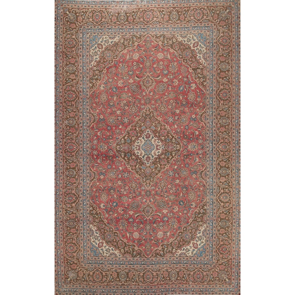 Hand Knotted Oriental 100% Wool Carpet Traditional Floral Pink Kashan Area Rug - 12' 11'' X 9' 7''