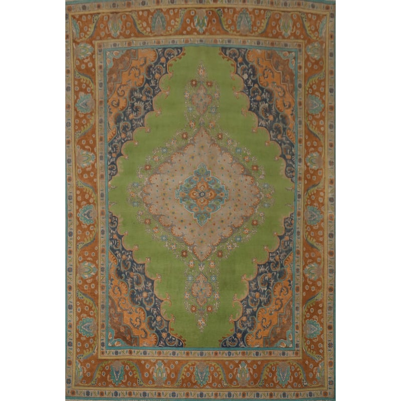 Hand Knotted Oriental 100% Wool Carpet Traditional Floral Green Tabriz Area Rug - 12' 4'' X 9' 8''