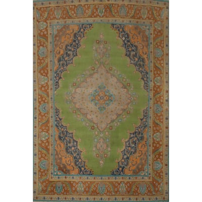 Hand Knotted Oriental 100% Wool Carpet Traditional Floral Green Tabriz Area Rug - 12' 4'' X 9' 8''