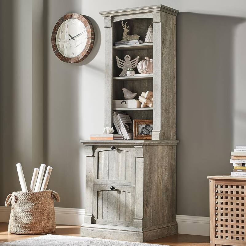 Farmhouse Bookcase with 2 File Drawers, 72" Tall Wooden Bookshelf - Light Rustic Oak