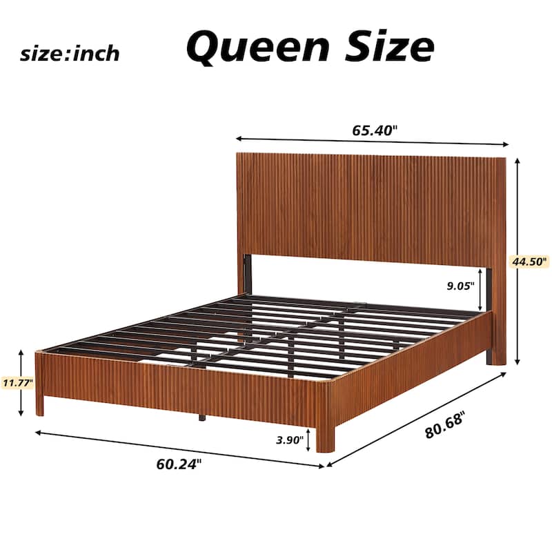 Wood Bed Frame with Corrugated Curved Wood Panels, Heavy Duty Metal Support, No Box Spring Needed