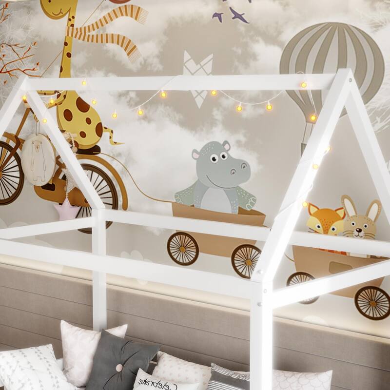 Kids Wooden Bed with Roof and Fence Style Frame, LED Lights and Full Guardrail Design