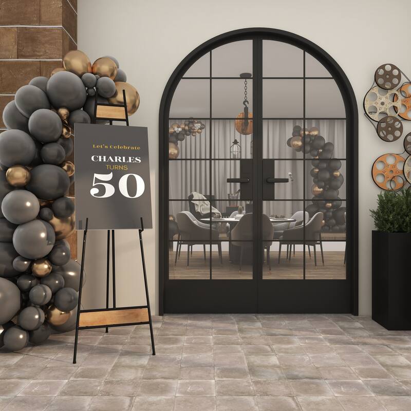 Black Metal Extra Large Free Standing Adjustable Display Stand Easel with Chain Support and Wood Accents